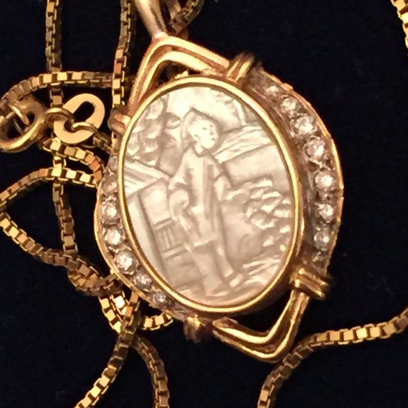 14k Diamond Mother of Pearl Pendant Necklace Enhancer Portrait Landscape MOP Vtg - Picture 5 of 14